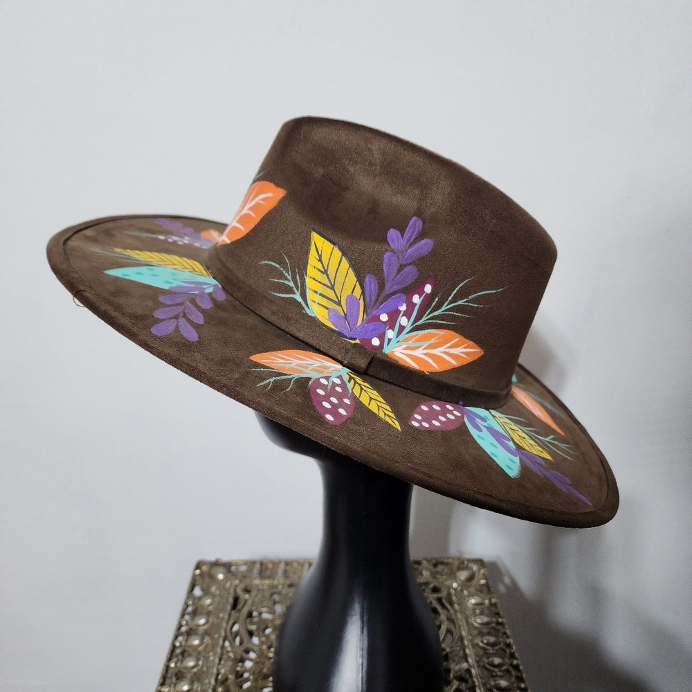 Boho Chic Hand Painted Hat - Unique Wide Brim Colorful Feather Festival Fedora